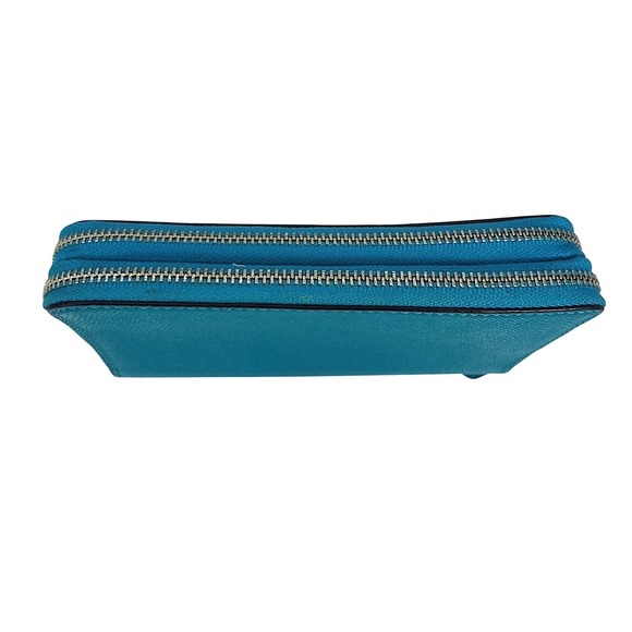 Coach Turquoise Crossgrain Leather Double Zip Around Wallet Silver Hardware - Picture 5 of 9